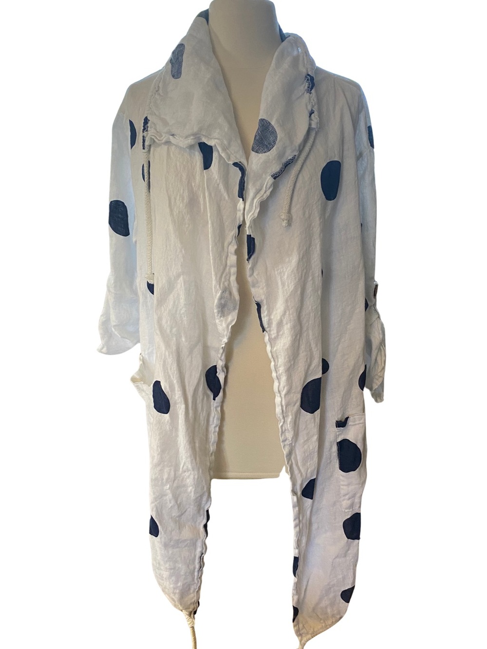 Bella Amore White Linen coverup with Navy Polka Dots